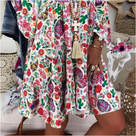 Small Floral V-neck Flare Sleeve Skirt - ANIBEY
