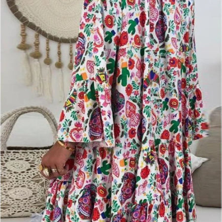 Small Floral V-neck Flare Sleeve Skirt - ANIBEY
