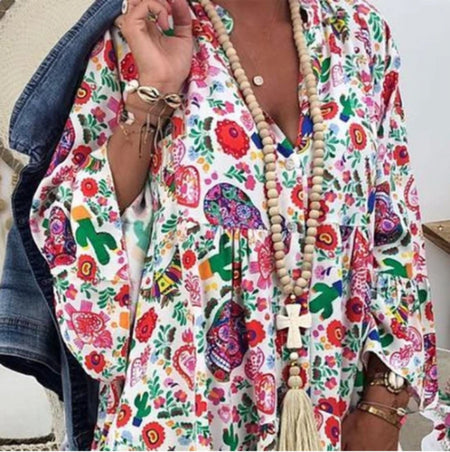 Small Floral V-neck Flare Sleeve Skirt - ANIBEY