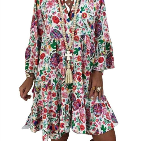 Small Floral V-neck Flare Sleeve Skirt - ANIBEY