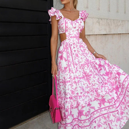 Summer Padded Shoulder Women's Printed Wear Hollow Length Dress - ANIBEY