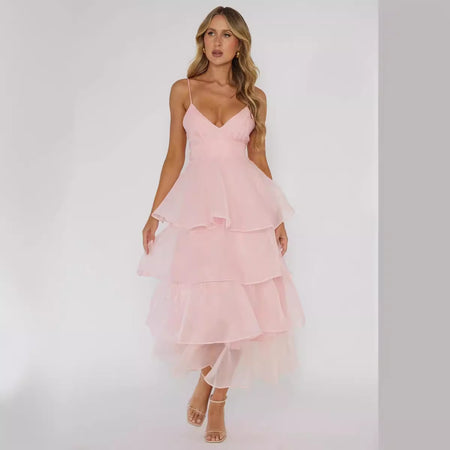European And American Organza INS Deep V-neck Backless Sling Dress Leisure Vacation - ANIBEY
