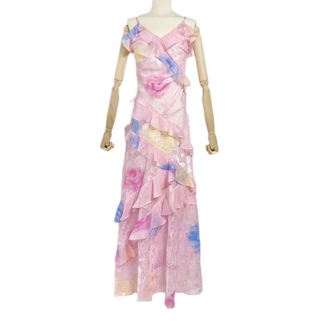 Styles V-Neck Strap Printing Slim Fit Ruffled Dress - ANIBEY