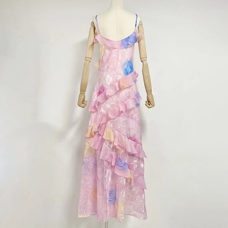 Styles V-Neck Strap Printing Slim Fit Ruffled Dress - ANIBEY