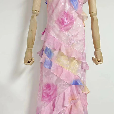 Styles V-Neck Strap Printing Slim Fit Ruffled Dress - ANIBEY