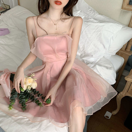 Women's Fashion Fake Two Pieces Seersucker Sling Dress - ANIBEY