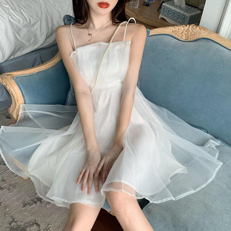 Women's Fashion Fake Two Pieces Seersucker Sling Dress - ANIBEY