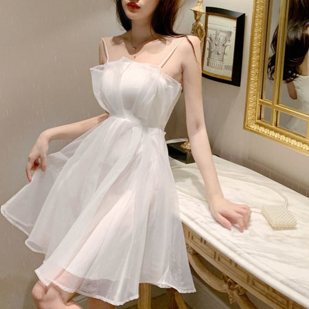 Women's Fashion Fake Two Pieces Seersucker Sling Dress - ANIBEY