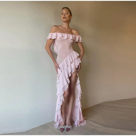 Women's Pure Color Ruffles Dress - ANIBEY