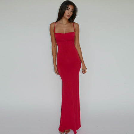 Women's Slim Fit Backless Strap Solid Color Dress - ANIBEY