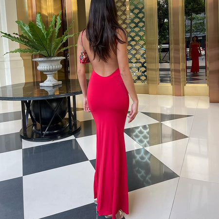 Women's Slim Fit Backless Strap Solid Color Dress - ANIBEY