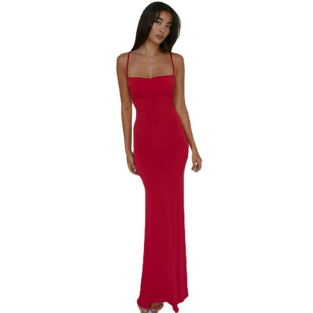 Women's Slim Fit Backless Strap Solid Color Dress - ANIBEY