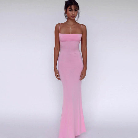 Women's Slim Fit Backless Strap Solid Color Dress - ANIBEY