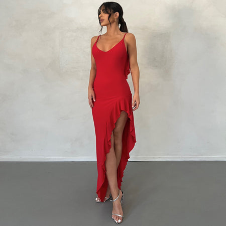 Frilly Dress With Irregular Halter - ANIBEY