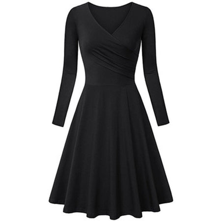 New Women's European And American Autumn And Winter V-neck Slim Long Sleeve Big Hem Dress - ANIBEY