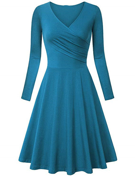 New Women's European And American Autumn And Winter V-neck Slim Long Sleeve Big Hem Dress - ANIBEY