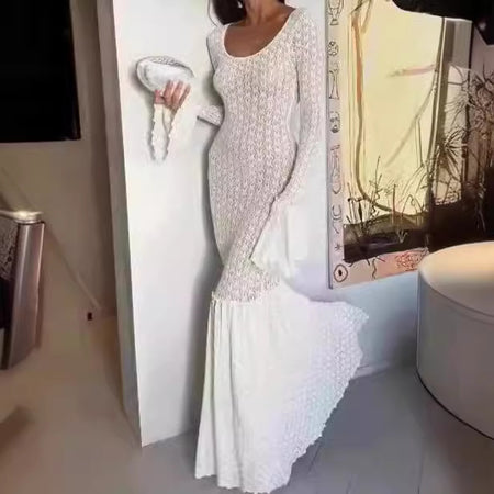 Women's Fashion White Bell Sleeve Hollow Slim Dress - ANIBEY