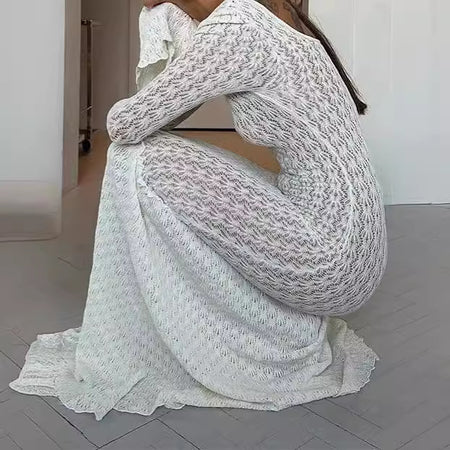 Women's Fashion White Bell Sleeve Hollow Slim Dress - ANIBEY