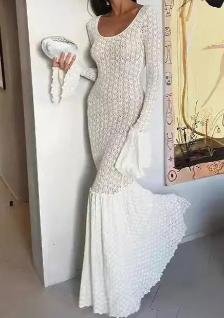 Women's Fashion White Bell Sleeve Hollow Slim Dress - ANIBEY
