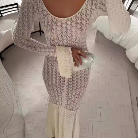 Women's Fashion White Bell Sleeve Hollow Slim Dress - ANIBEY