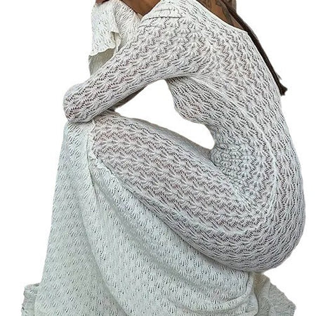 Women's Fashion White Bell Sleeve Hollow Slim Dress - ANIBEY