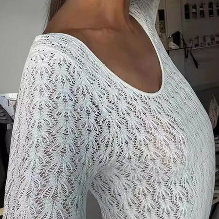 Women's Fashion White Bell Sleeve Hollow Slim Dress - ANIBEY