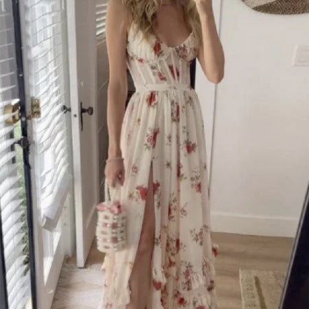 European And American Style Printed Strap Lace-up Sexy Waist Trimming Slimming Slit Dress - ANIBEY
