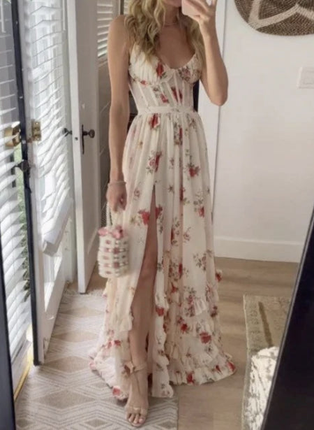 European And American Style Printed Strap Lace-up Sexy Waist Trimming Slimming Slit Dress - ANIBEY