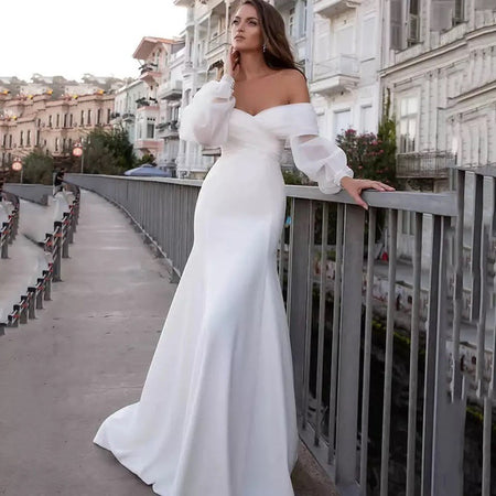 Spring Concise White Satin Trailing Lightweight Wedding Dress - ANIBEY