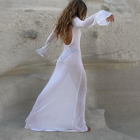 Summer New Backless Long Sleeve Sheer Mesh Dress - ANIBEY