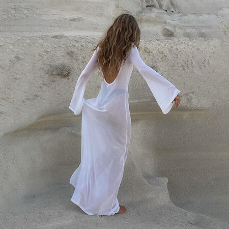 Summer New Backless Long Sleeve Sheer Mesh Dress - ANIBEY