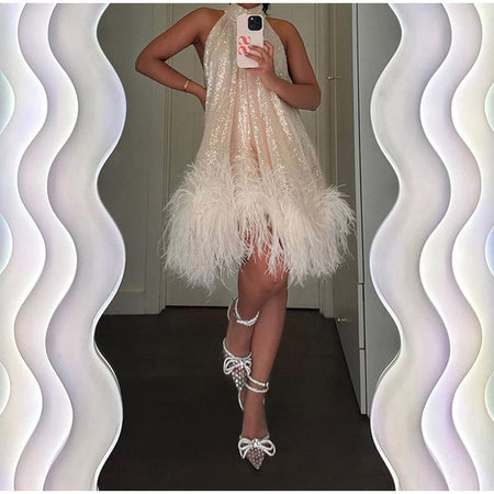 Tassel Sequins Feather Stitching Dress - ANIBEY