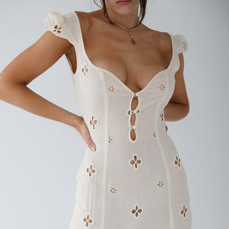 Trendy Mid-length Cotton Embroidered Dress - ANIBEY