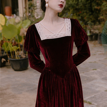 Temperament Retro Velvet Long Sleeve Dress - ANIBEY