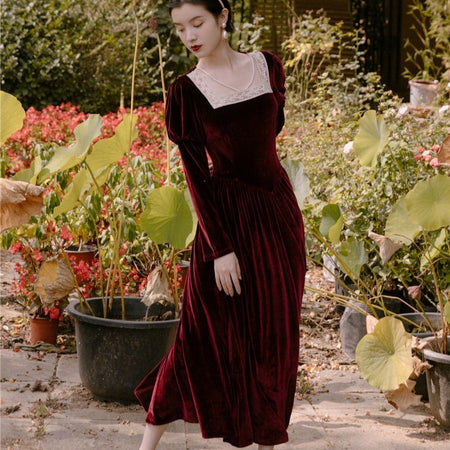 Temperament Retro Velvet Long Sleeve Dress - ANIBEY