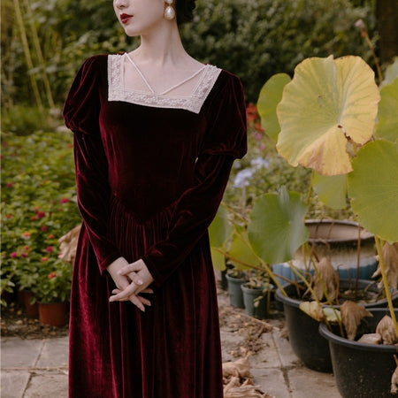 Temperament Retro Velvet Long Sleeve Dress - ANIBEY