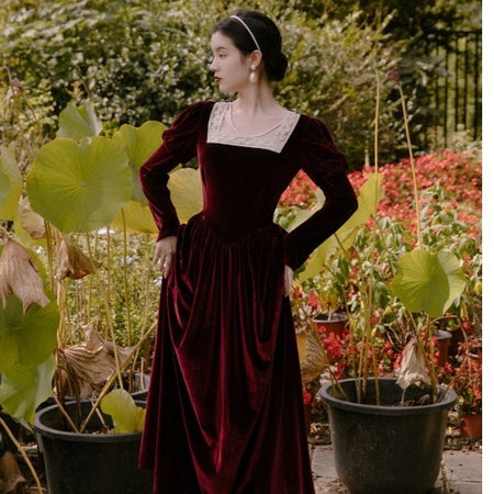 Temperament Retro Velvet Long Sleeve Dress - ANIBEY