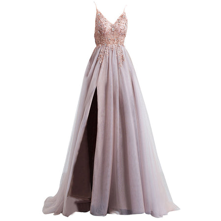 Sling Veil Catwalk High Slit Wedding Evening Dress - ANIBEY