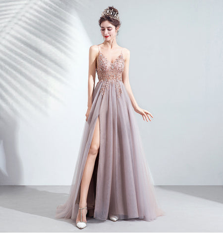 Sling Veil Catwalk High Slit Wedding Evening Dress - ANIBEY