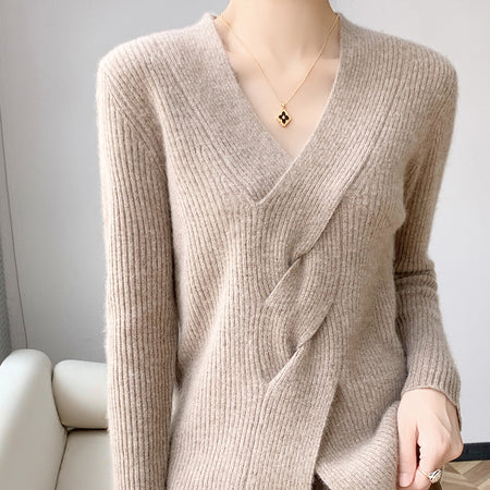 Women's Fashion Striped Cross Twisted V-neck Sweater - ANIBEY