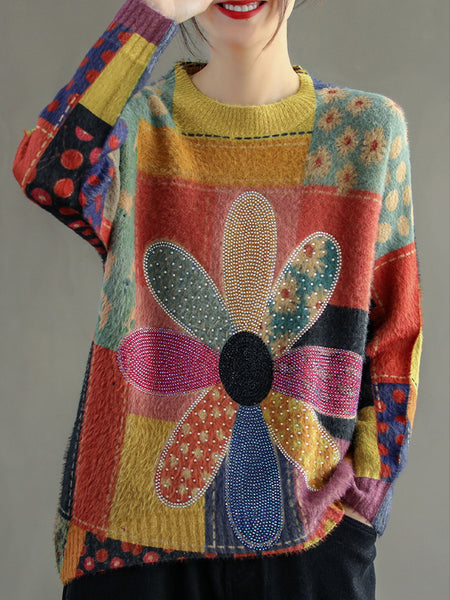 Women's Printed V-neck Mink Sweater - ANIBEY