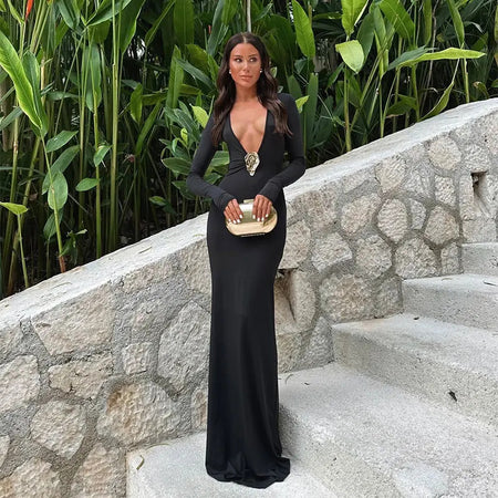 Woman Fashion Long Gown V Neck Partywear Dress - ANIBEY