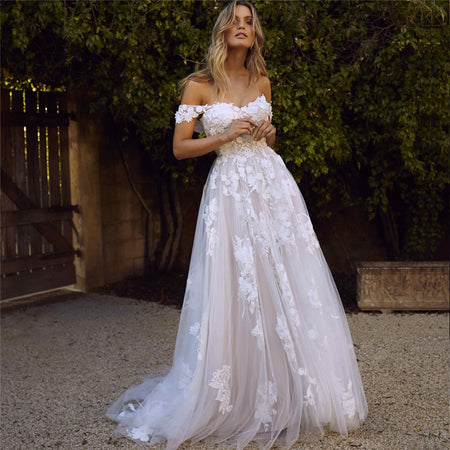 Lace Wedding Dresses Off The Shoulder Appliques A-Line Bride Dress Princess Wedding Gown Bridal Dress - ANIBEY