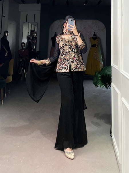 Black Organza Silk Suit Set with Palazzo - Na Dhukan - Pure D - ANIBEY