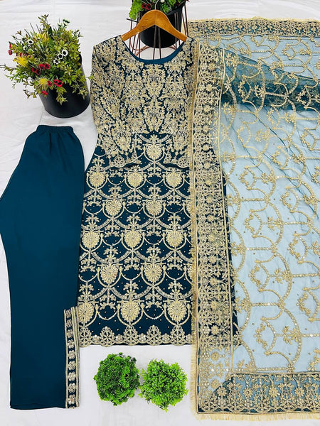 Royal Navy Blue Color Faux Georgette With Embroidery - ANIBEY