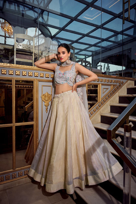 Multicolor italian silk digital printed croMulticap top lehenga - ANIBEY