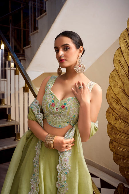 Multicolor italian silk digital printed croMulticap top lehenga - ANIBEY