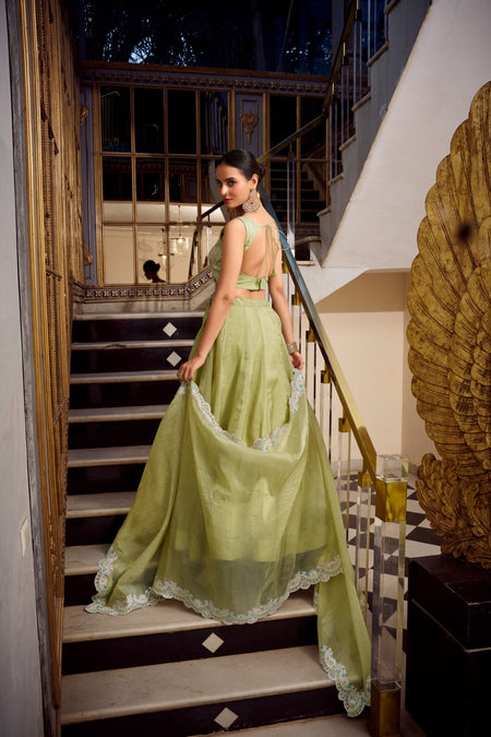 Multicolor italian silk digital printed croMulticap top lehenga - ANIBEY