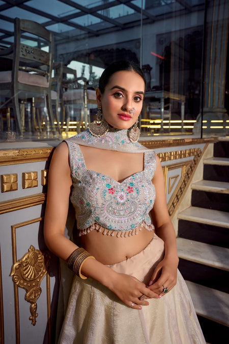 Multicolor italian silk digital printed croMulticap top lehenga - ANIBEY
