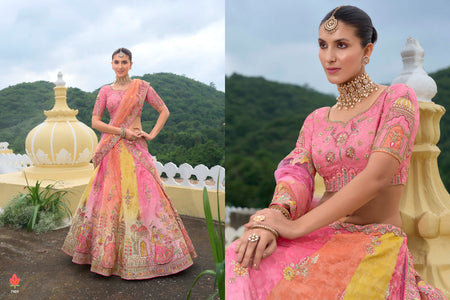 Shaded Multi Color Peach and Yellow Beautiful Traditional - ANIBEY